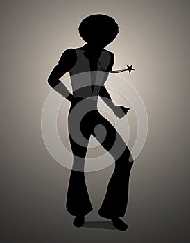 Silhouette of man dancing soul, funky or disco music.