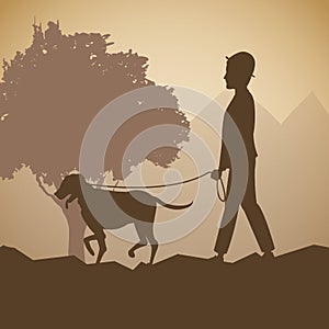 Silhouette man and dog walk forest background