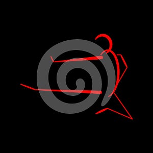 Silhouette of a man doing karate kick. Line art doodle sketch. Red outline on black background. Vector illustration
