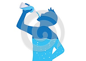 Silhouette of man drinking water from bottle flow into body.