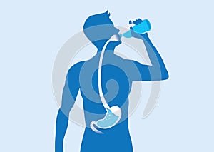 Silhouette of man drinking water from bottle flow into stomach.