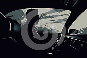 Silhouette of a man driving a car