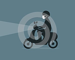 Silhouette of a man driving scooter wearing air pollution protective face mask