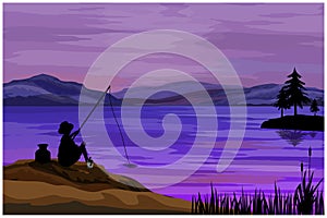 Silhouette A man fishing with fishing rod at a lake
