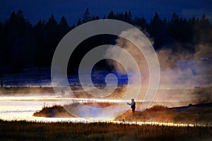 Silhouette of Man Flyfishing Fishing in River Golden Sunlight