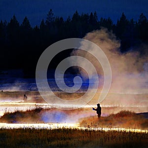 Silhouette of Man Flyfishing Fishing in River Golden Sunlight