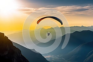 Silhouette of a man flying on a paraglider against the backdrop of a sunset over high mountains. Generative ai