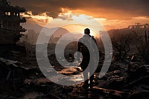 Silhouette of a man in front of a destroyed building, Lone soldier walking in destroyed city, AI Generated