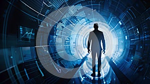 Silhouette of a Man in a Futuristic Data Tunnel. Digital Technology and Cyber Concept. Virtual Reality Experience. AI