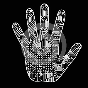 Silhouette of a man hand with a high-tech computer circuit board pattern It can illustrate scientific ideas related to