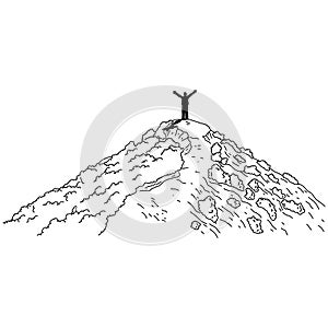 Silhouette of man hand up on top of the mountain vector illustration sketch doodle hand drawn with black lines isolated on white