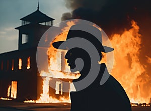Silhouette of a man in a hat against the background of a burning building