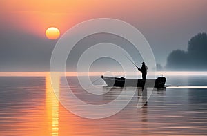 silhouette of a man in a hat in a boat at dawn