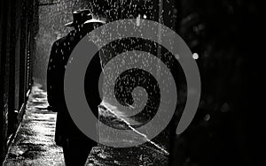 Silhouette of a man in a hat in a dark, rainy urban alleyway.