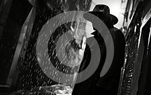 Silhouette of a man in a hat in a dark, rainy urban alleyway.