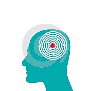 Silhouette of man head with labyrinth inside, mind complexity psychology concept. Vector flat illustration.