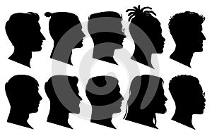 Silhouette man heads in profile. Black face outline avatars, professional male profiles anonymous portraits with