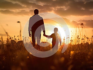 Silhouette of a man and his son walking in a field with the sun setting behind them
