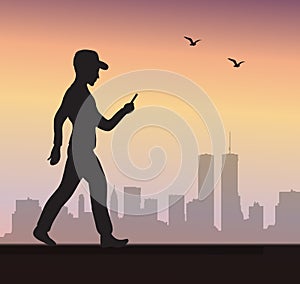 Silhouette of a man holding a mobile phone hands, plays the game. Vector illustration