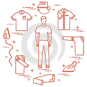 Silhouette of a man, irons and different clothes. Design for banner and print