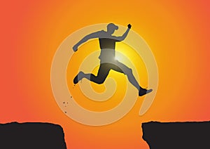 Silhouette of man jumping over the cliffs on sunrise background, achievement business concept vector illustration