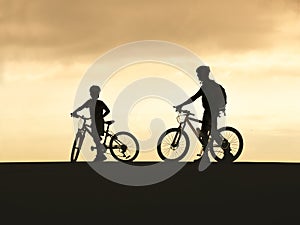 Silhouette man and kid with bicycle outdoor sport activity Father day Dad and Son