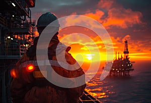 Silhouette of man looking at oil rig at sunset from the bridge