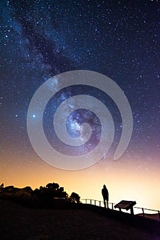 Silhouette of a man looking at the stars and the Milky Way on a summer night in the sky of Tenerife