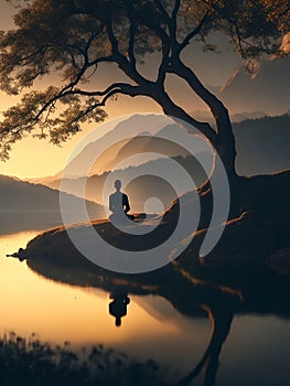 silhouette of man meditating in nature, Generative Ai illustration.