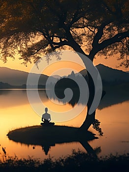 silhouette of man meditating in nature, Generative Ai illustration.