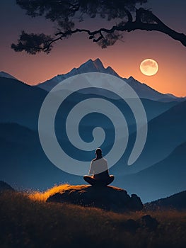 silhouette of man meditating in nature, Generative Ai illustration.