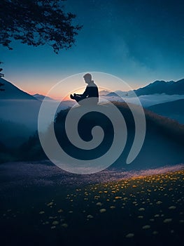 silhouette of man meditating in nature, Generative Ai illustration.