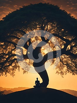 silhouette of man meditating in nature, Generative Ai illustration.