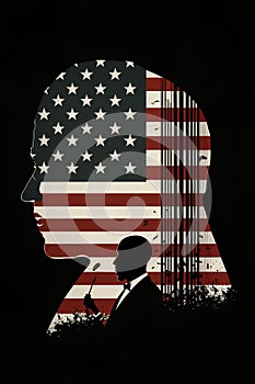 Silhouette of a man with a microphone on the background of the American flag