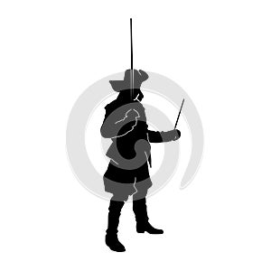 Silhouette of a man in musketeer costume holding sword weapon.