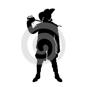 Silhouette of a man in musketeer costume holding sword weapon.