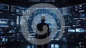 Silhouette of a man observing a futuristic data visualization wall