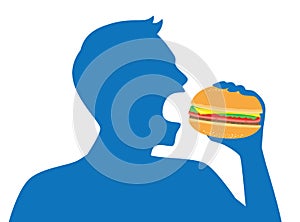 Silhouette of man open his mouth for eating a hamburger.