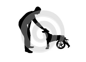 Silhouette Man outdoors strokes his paralyzed dog in a wheelchair.