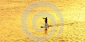 Silhouette of man paddleboarding