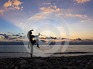 Silhouette of a man practises wing chun on the beach