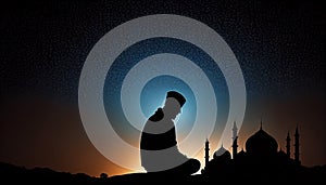 the silhouette of man praying in Ramadan Khareem