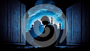 the silhouette of man praying in Ramadan Khareem