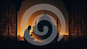 the silhouette of man praying in Ramadan Khareem