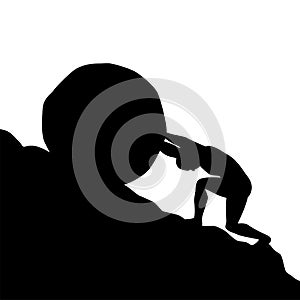 Silhouette of man pushing big boulder uphill on white background