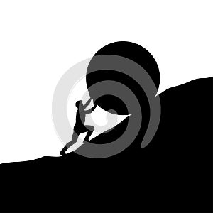 Silhouette man pushing up hill