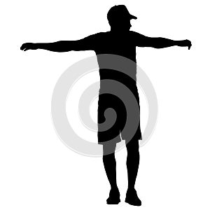 Silhouette of a man with raised hand on a white background