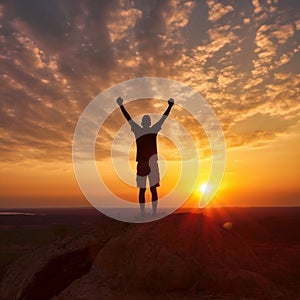 Silhouette of man raised hands at sunset background, generative AI