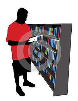 Silhouette of Man in Red T-Shirt Reading a Book with Bookshelf Graphics Included Cartoon Vector Graphic Illustration