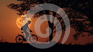 Silhouette of man riding bike with orange cloudy sunset